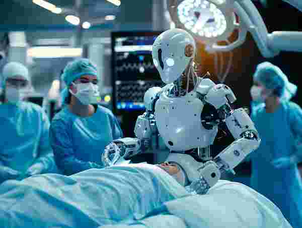 Open AI Sam Altman unveiling AI future vision at conference. AI generated Robots in Medicine.